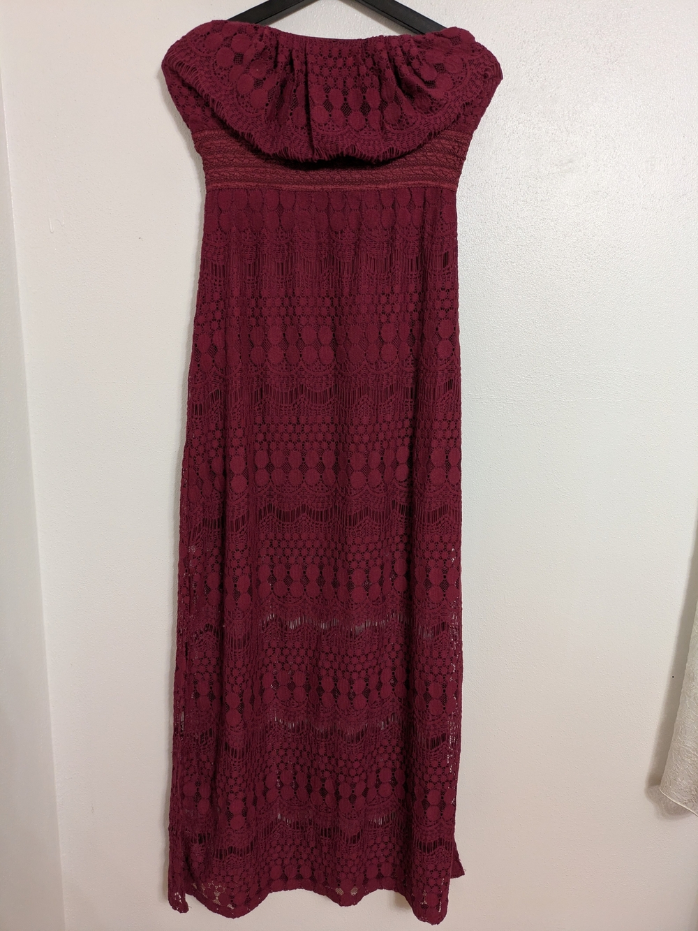 Vanity Strapless Crochet Maxi Dress in Burgundy